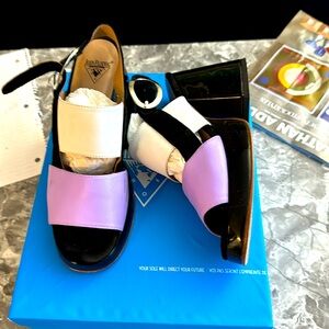 JOHN FLUEVOG ONE OF A KIND PLATFORM SANDALS WITH PATENT leather straps
